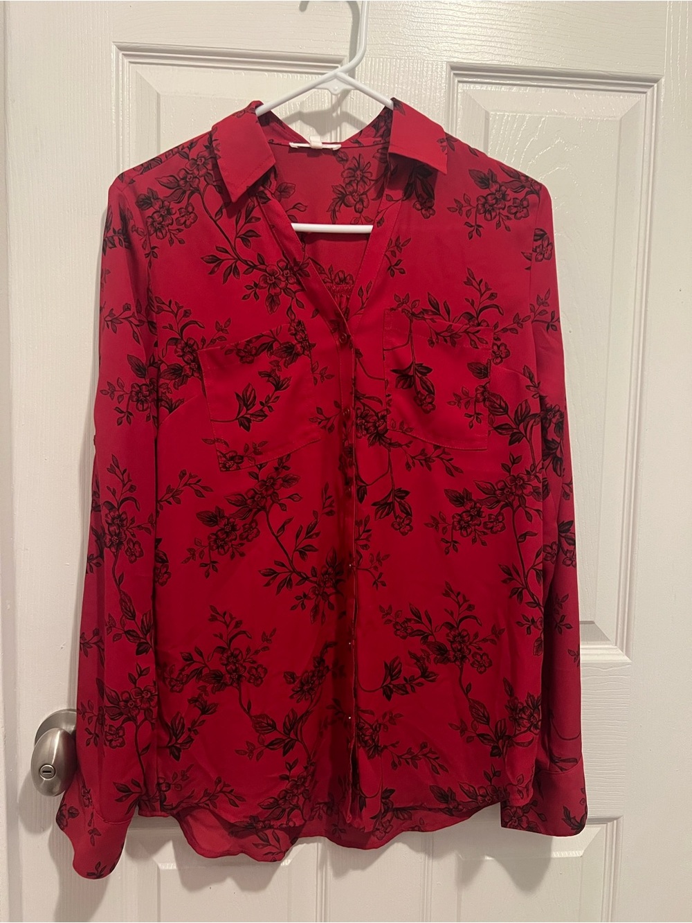 Maurices Red Button-Down Shirt with Black Floral Motif